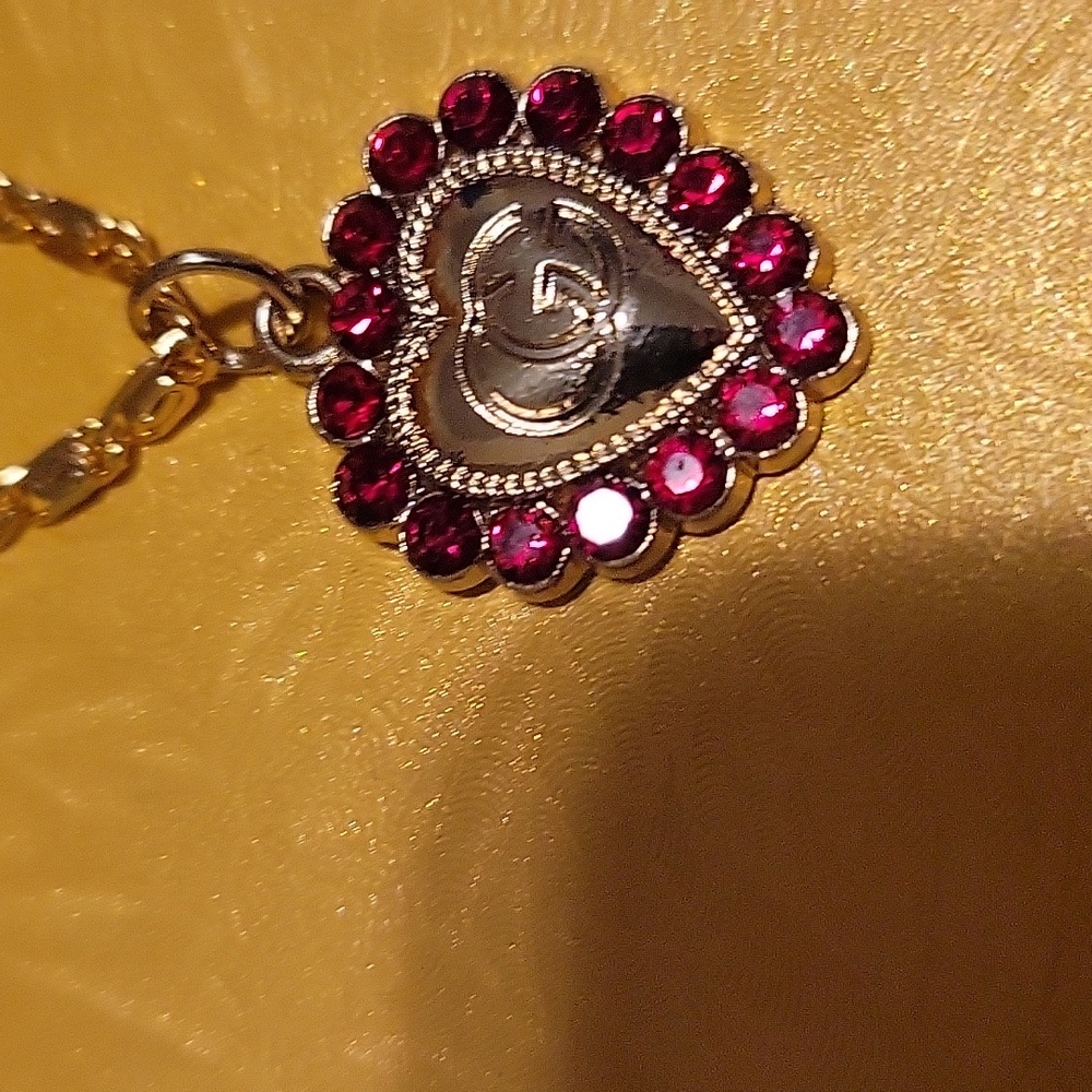 Gold Heart Pendant Necklace with Red Accents - Picture 4 of 5